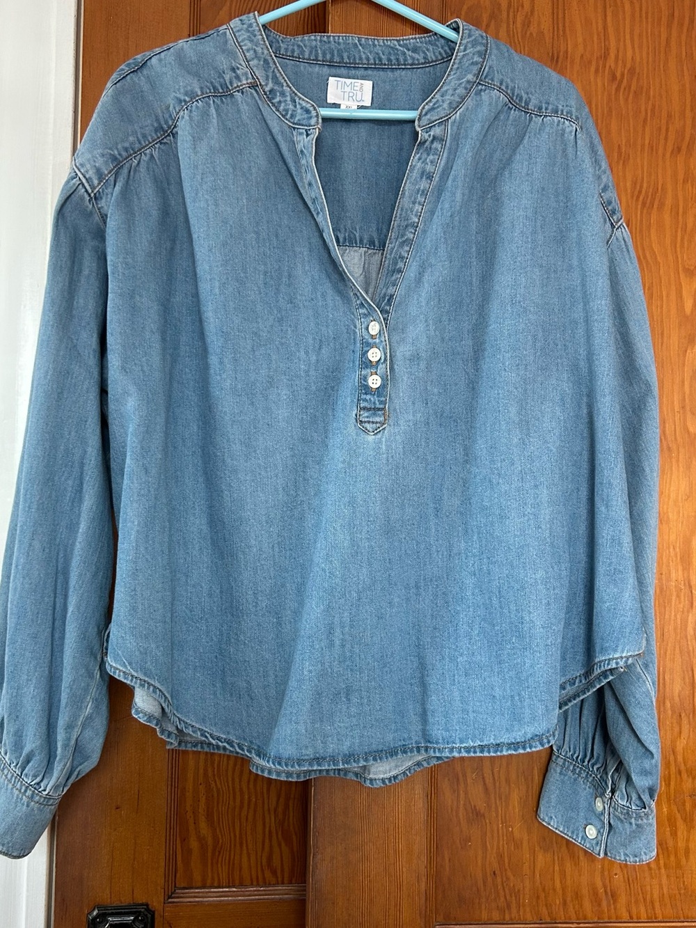 Time and Tru Light Blue Denim Henley Button Front Blouse